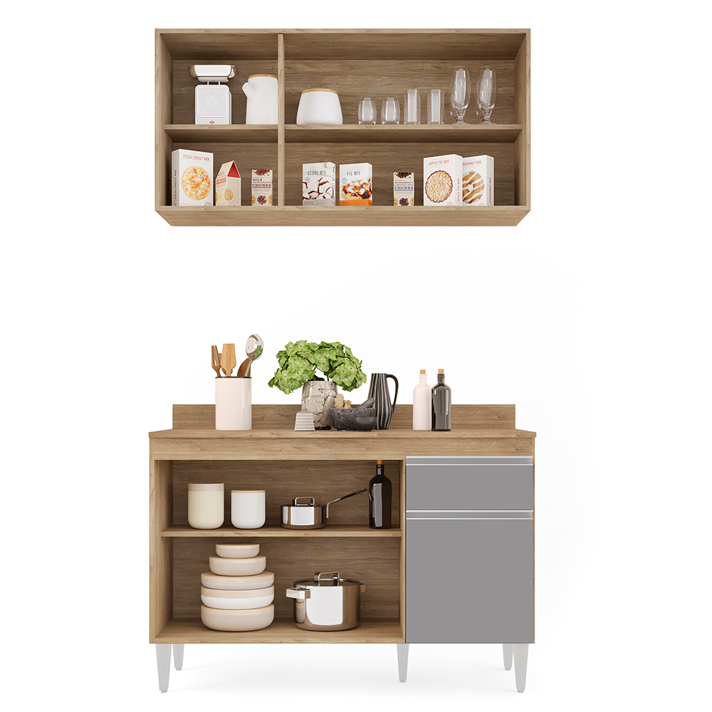 Kit Armário Aéreo e Balcão de Cozinha Lavanderia Lucy com Tampo Castanho e Cinza 120 cm - D'Rossi