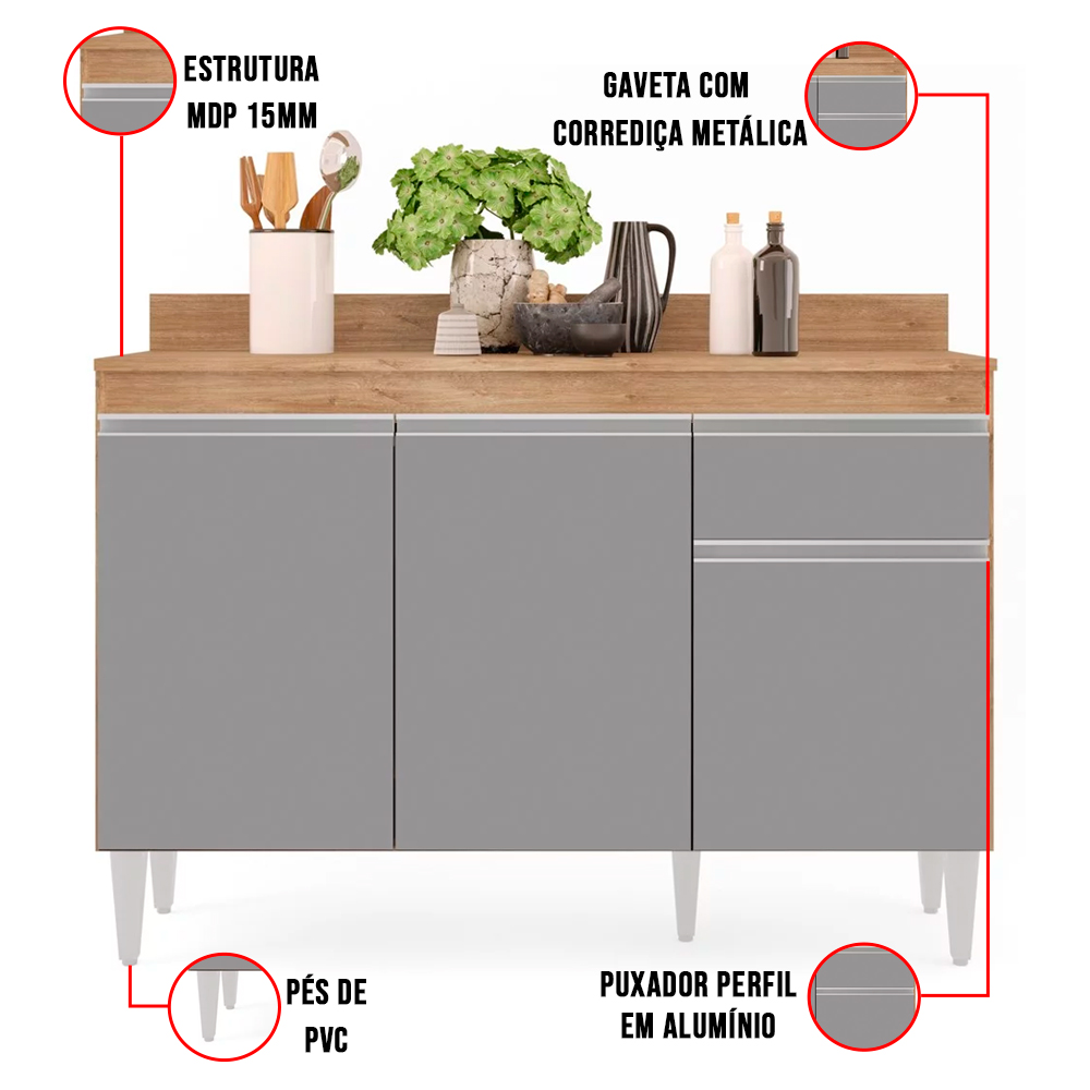 Kit Armário Aéreo e Balcão de Cozinha Lavanderia Lucy com Tampo Castanho e Cinza 120 cm - D'Rossi