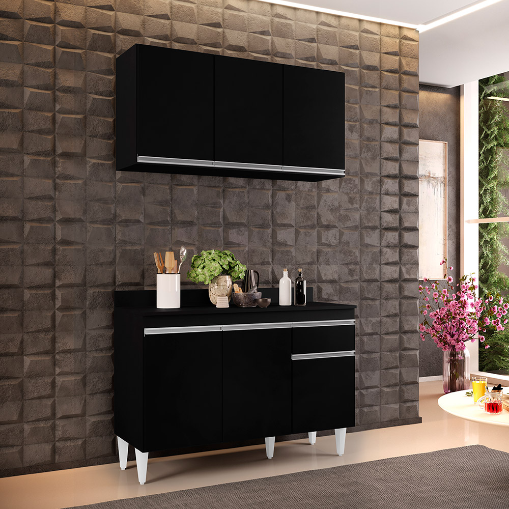 Kit Armário Aéreo e Balcão de Cozinha Lavanderia Lucy com Tampo Preto 120 cm - D'Rossi