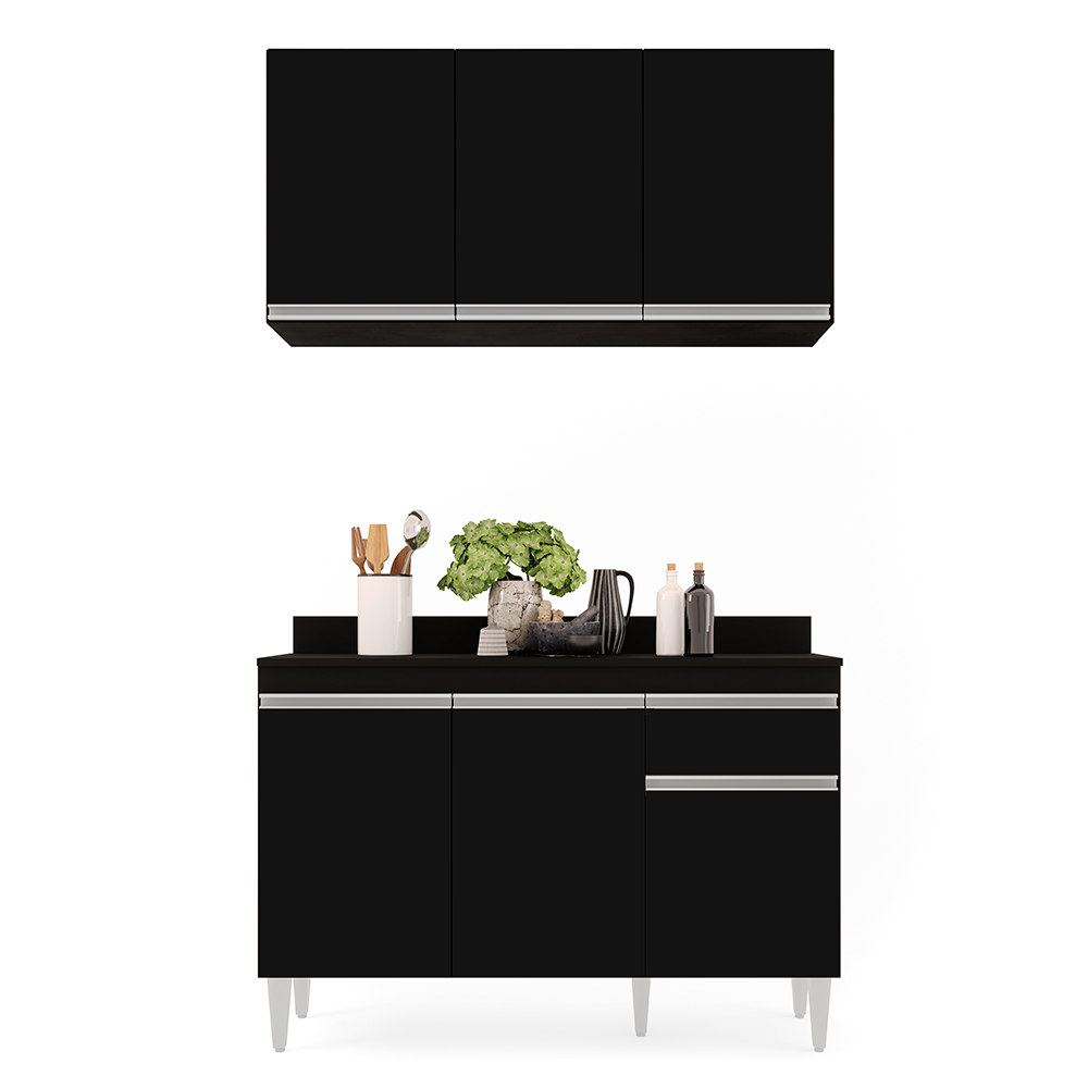 Kit Armário Aéreo e Balcão de Cozinha Lavanderia Lucy com Tampo Preto 120 cm - D'Rossi