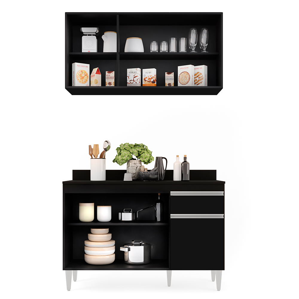 Kit Armário Aéreo e Balcão de Cozinha Lavanderia Lucy com Tampo Preto 120 cm - D'Rossi