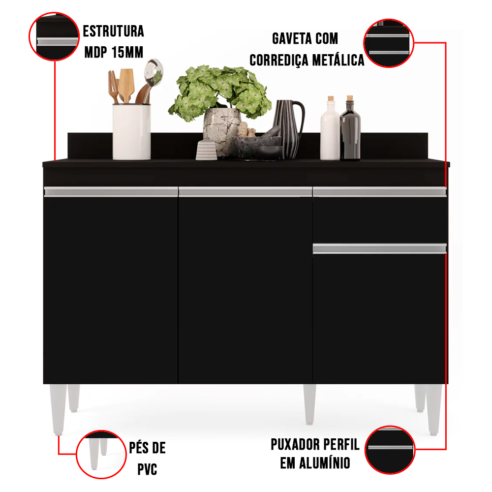 Kit Armário Aéreo e Balcão de Cozinha Lavanderia Lucy com Tampo Preto 120 cm - D'Rossi