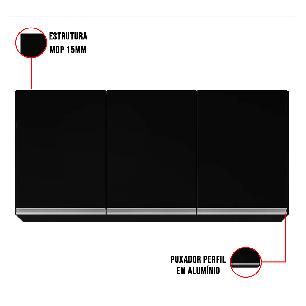 Kit Armário Aéreo e Balcão de Cozinha Lavanderia Lucy com Tampo Preto 120 cm - D'Rossi