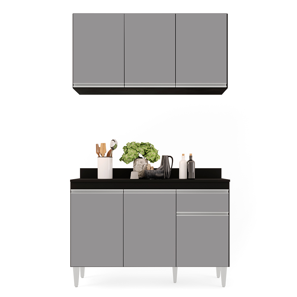 Kit Armário Aéreo e Balcão de Cozinha Lavanderia Lucy com Tampo Preto e Cinza 120 cm - D'Rossi