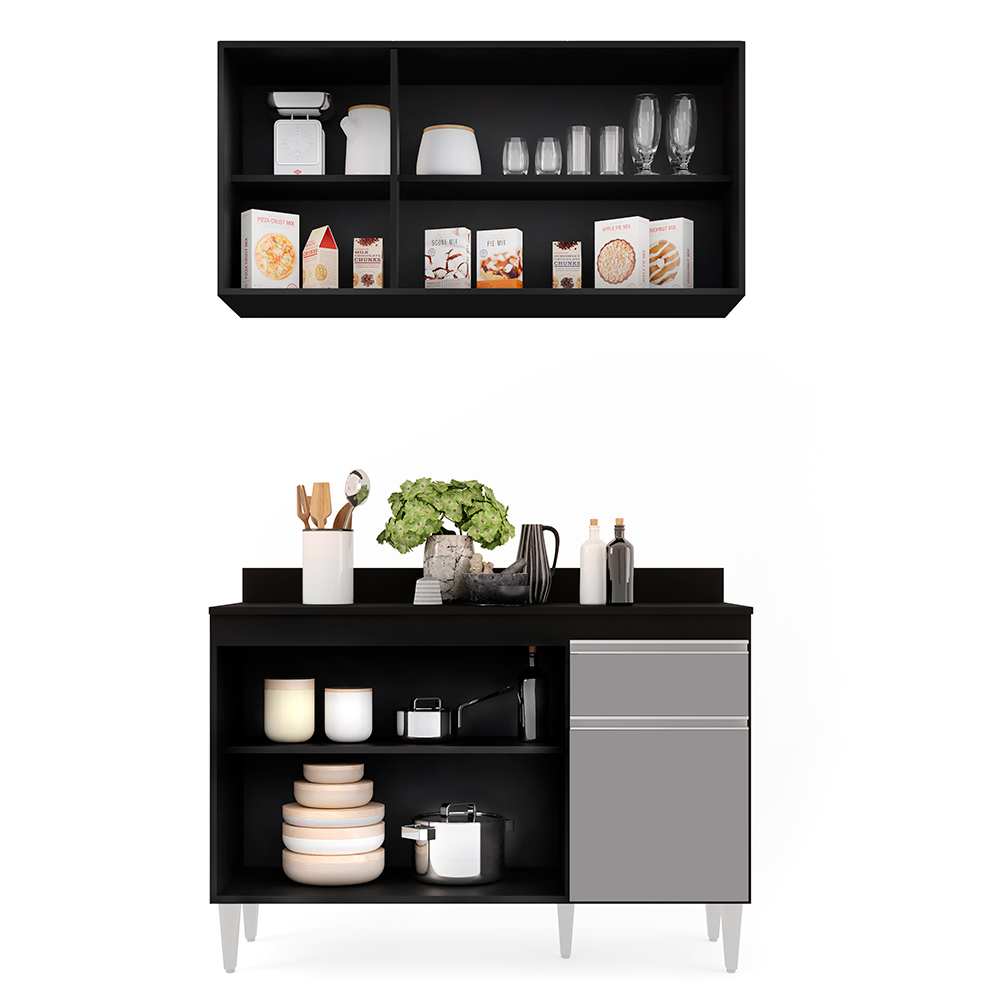 Kit Armário Aéreo e Balcão de Cozinha Lavanderia Lucy com Tampo Preto e Cinza 120 cm - D'Rossi
