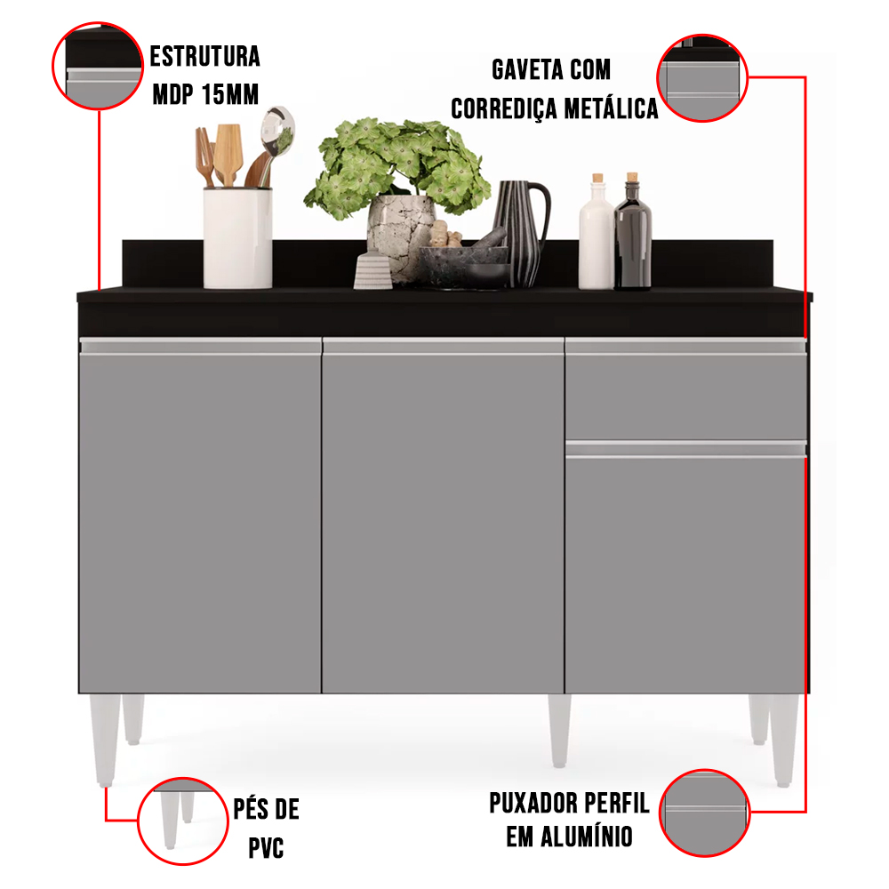 Kit Armário Aéreo e Balcão de Cozinha Lavanderia Lucy com Tampo Preto e Cinza 120 cm - D'Rossi