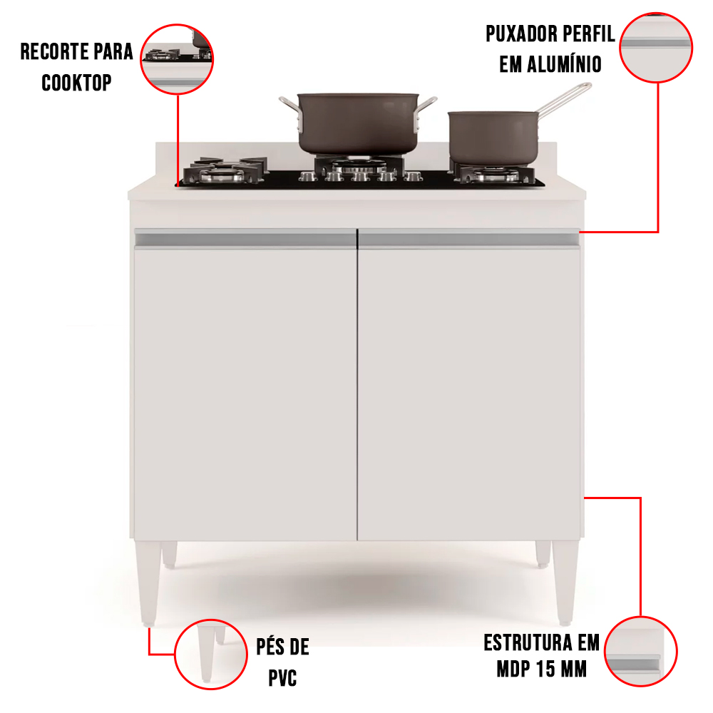 Kit Armário Aéreo e Balcão para Cooktop de Cozinha 02 Portas Diana Branco 80 cm - D'Rossi