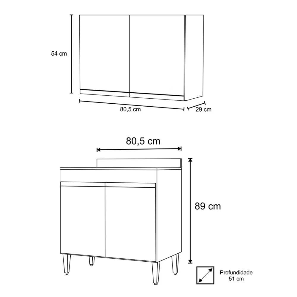 Kit Armário Aéreo e Balcão para Cooktop de Cozinha 02 Portas Diana Branco 80 cm - D'Rossi
