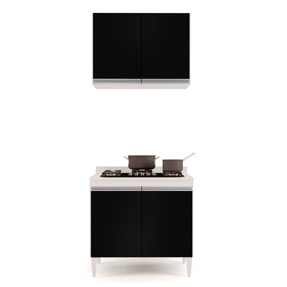 Kit Armário Aéreo e Balcão para Cooktop de Cozinha 02 Portas Diana Branco e Preto 80 cm - D'Rossi