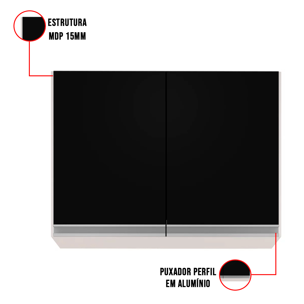 Kit Armário Aéreo e Balcão para Cooktop de Cozinha 02 Portas Diana Branco e Preto 80 cm - D'Rossi