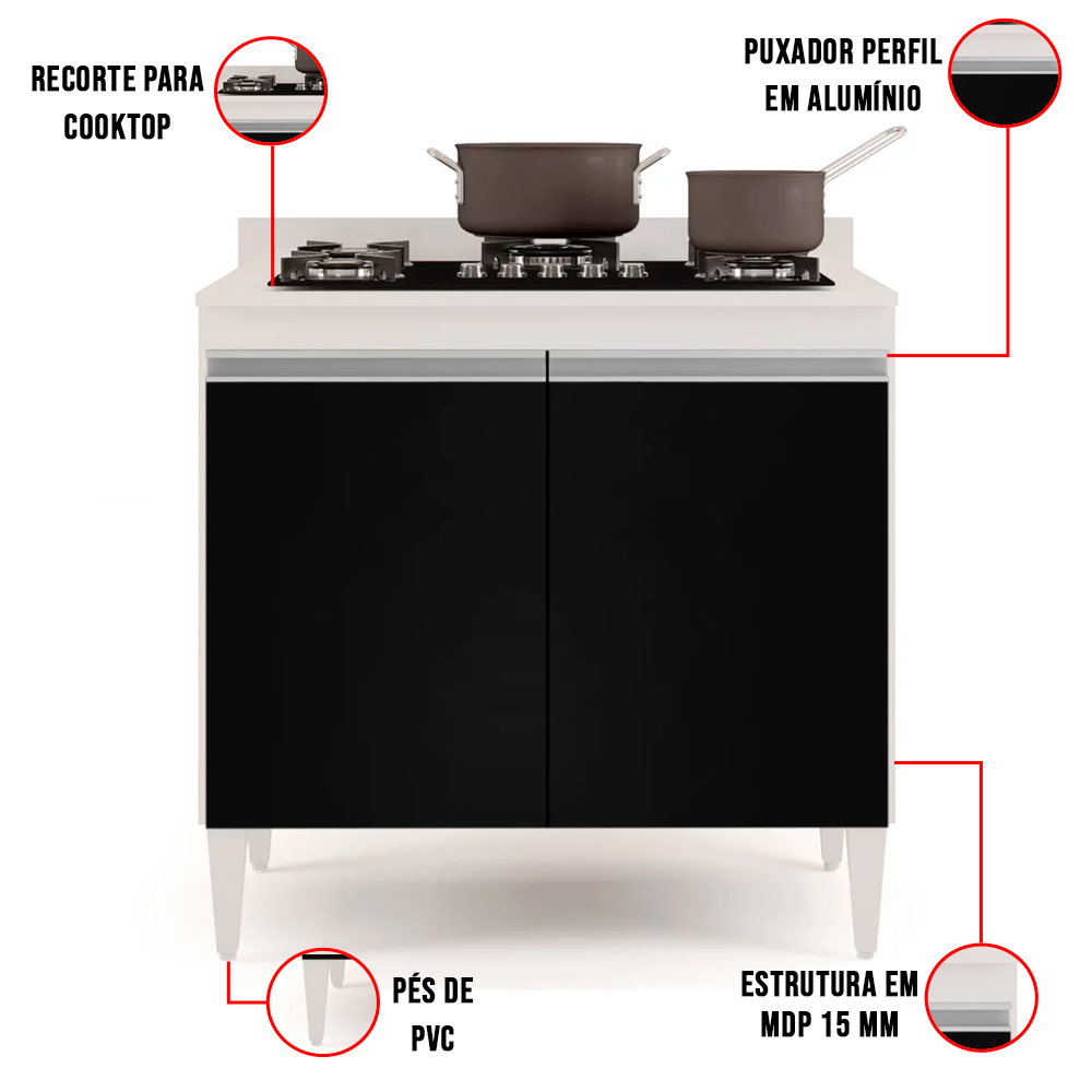 Kit Armário Aéreo e Balcão para Cooktop de Cozinha 02 Portas Diana Branco e Preto 80 cm - D'Rossi