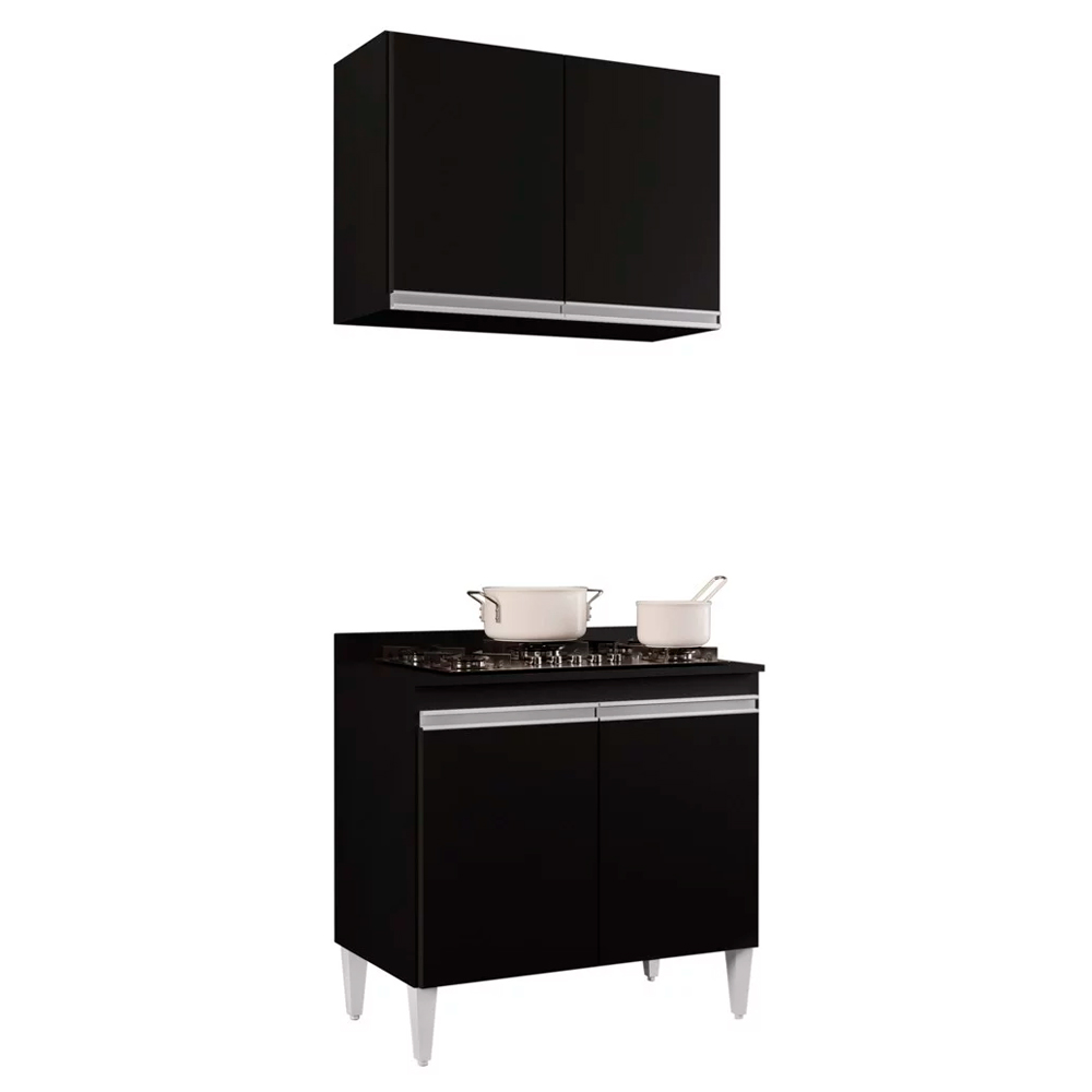 Kit Armário Aéreo e Balcão para Cooktop de Cozinha 02 Portas Diana Preto 80 cm - D'Rossi
