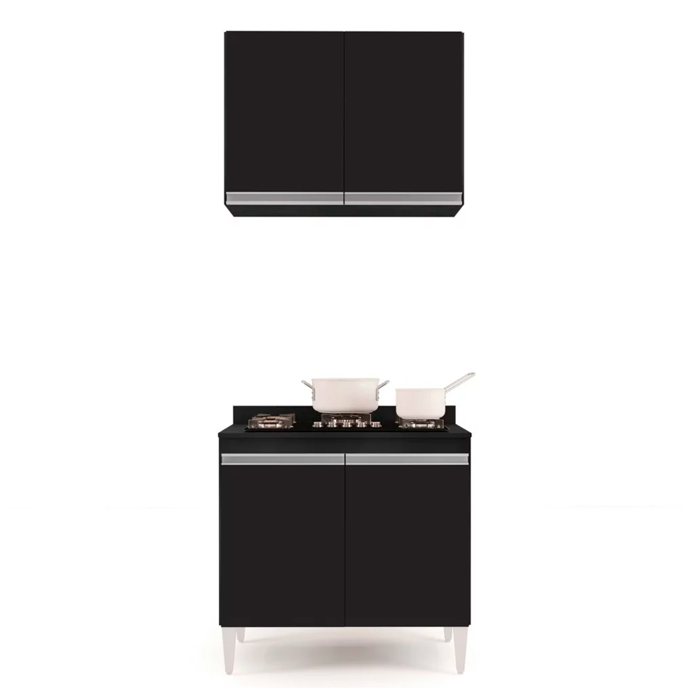 Kit Armário Aéreo e Balcão para Cooktop de Cozinha 02 Portas Diana Preto 80 cm - D'Rossi