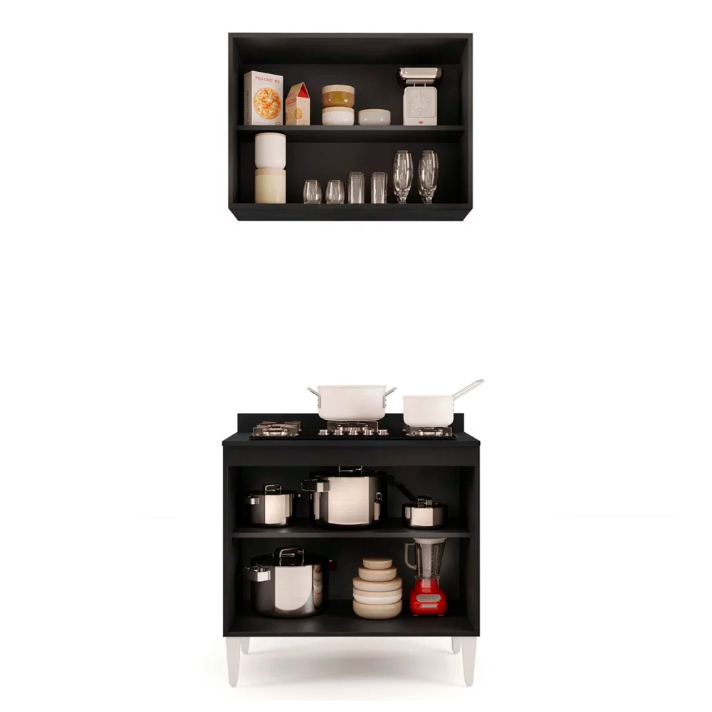 Kit Armário Aéreo e Balcão para Cooktop de Cozinha 02 Portas Diana Preto 80 cm - D'Rossi