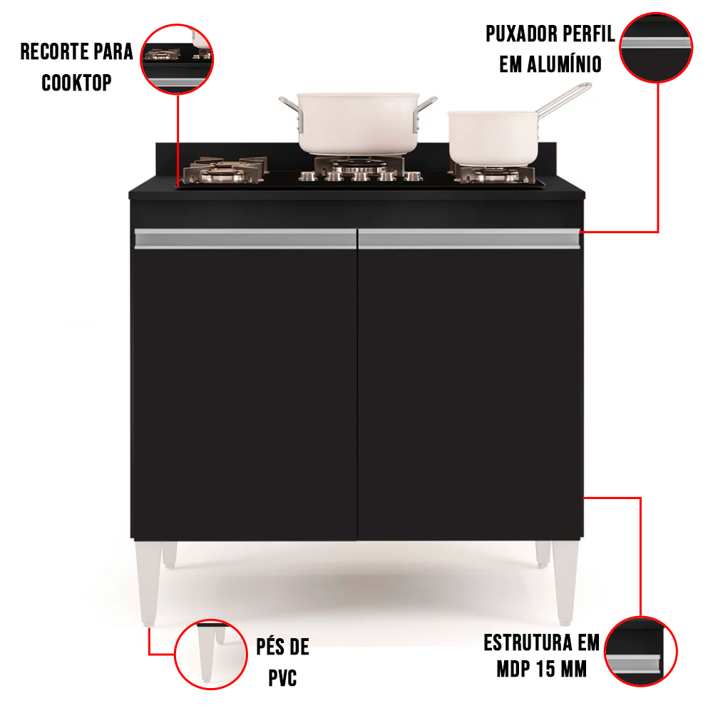 Kit Armário Aéreo e Balcão para Cooktop de Cozinha 02 Portas Diana Preto 80 cm - D'Rossi