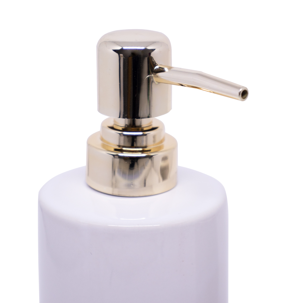 Kit Banheiro 01 Porta Sabonete Liquido e 01 Porta Escova em Cerâmica Branco e Dourado - D'Rossi
