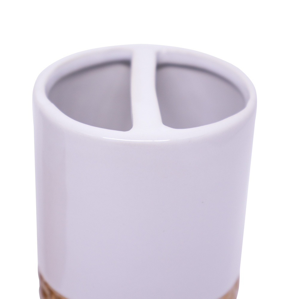 Kit Banheiro 01 Porta Sabonete Liquido e 01 Porta Escova em Cerâmica Branco e Dourado - D'Rossi