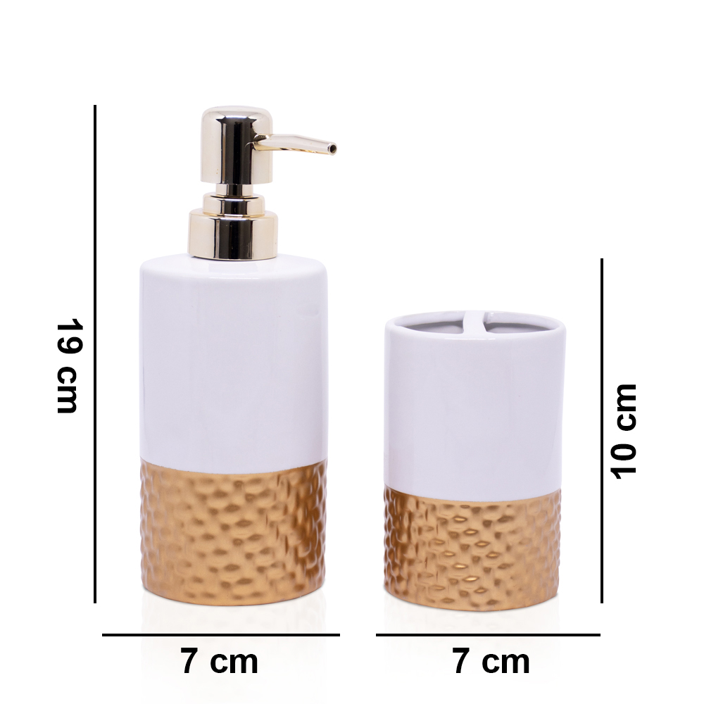 Kit Banheiro 01 Porta Sabonete Liquido e 01 Porta Escova em Cerâmica Branco e Dourado - D'Rossi