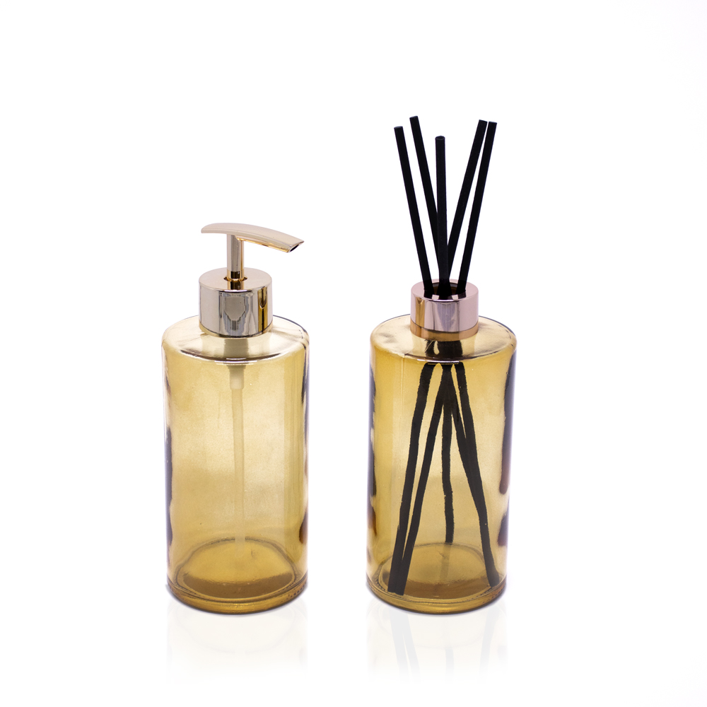 Kit Difusor e Porta Sabonete Liquido de Vidro Dourado - D'Rossi