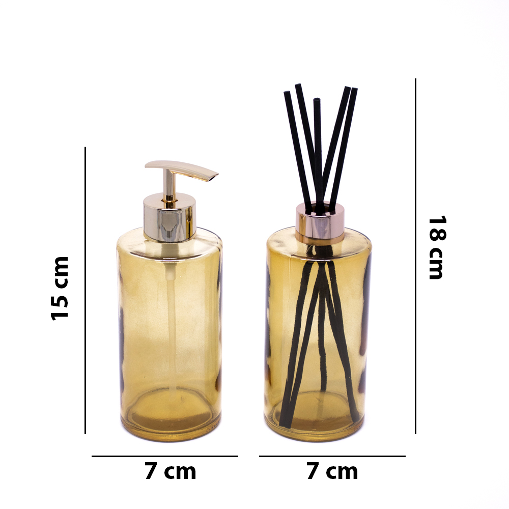 Kit Difusor e Porta Sabonete Liquido de Vidro Dourado - D'Rossi