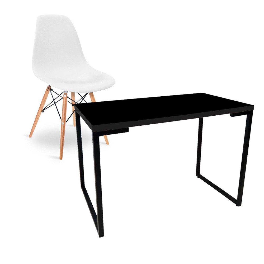 Kit Mesa Para Computador Escrivaninha Porto Preto 120 cm e Cadeira Eiffel Charles Eames Branco D'Rossi