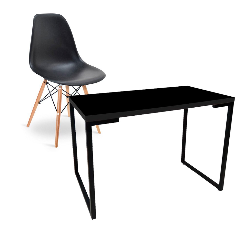 Kit Mesa Para Computador Escrivaninha Porto Preto 120 cm e Cadeira Eiffel Charles Eames Preto D'Rossi