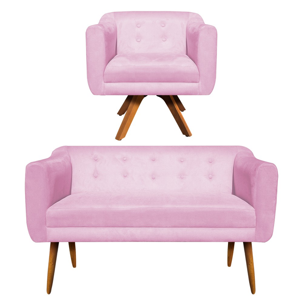 Kit Namoradeira 02 Lugares e 01 Poltrona Giratória Julia Suede Rosa Bebê Base Madeira MM30 D'Rossi
