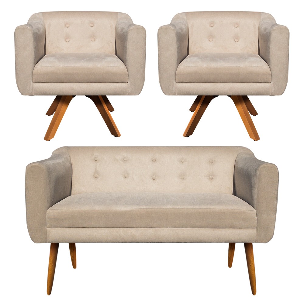 Kit Namoradeira 02 Lugares e 02 Poltronas Giratória Julia Suede Bege Base Madeira MM30 D'Rossi