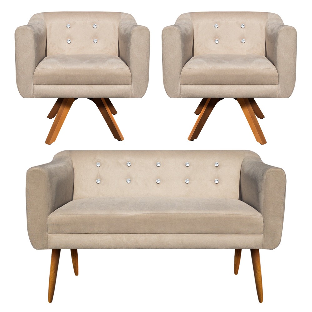 Kit Namoradeira 02 Lugares e 02 Poltronas Giratória Julia Suede Bege com Strass Base Madeira MM30 D'Rossi