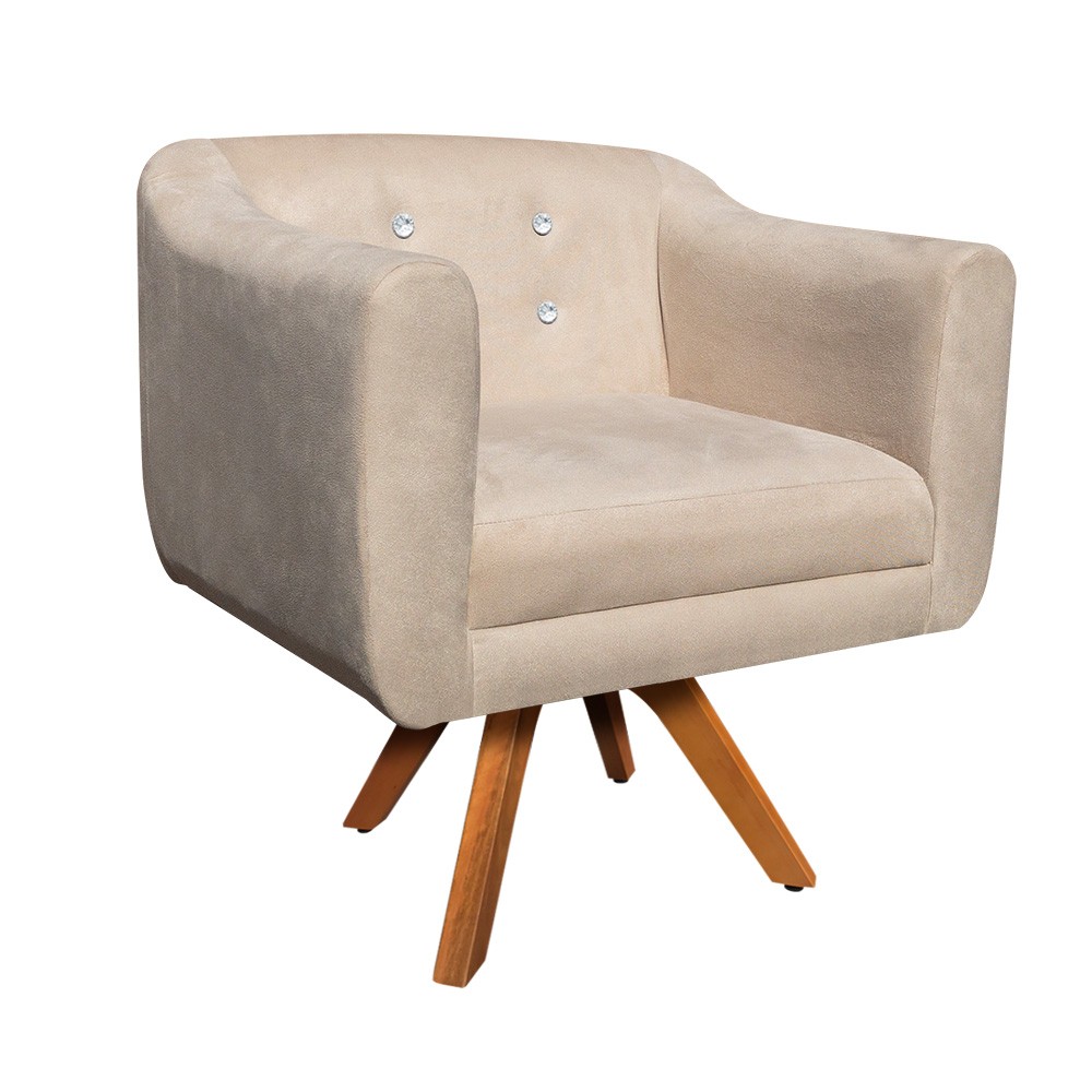 Kit Namoradeira 02 Lugares e 02 Poltronas Giratória Julia Suede Bege com Strass Base Madeira MM30 D'Rossi