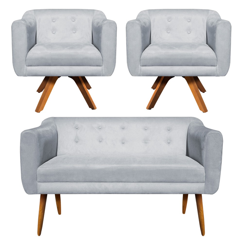 Kit Namoradeira 02 Lugares e 02 Poltronas Giratória Julia Suede Cinza Base Madeira MM30 D'Rossi