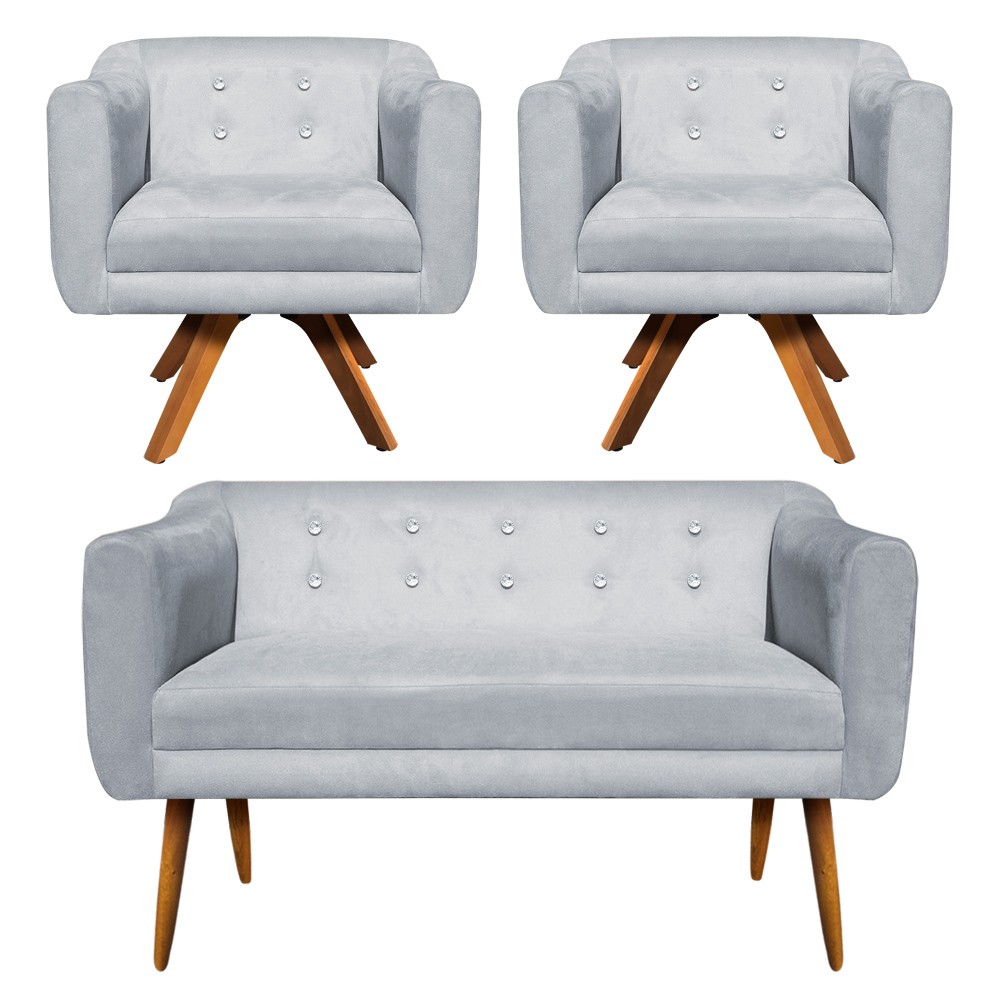 Kit Namoradeira 02 Lugares e 02 Poltronas Giratória Julia Suede Cinza com Strass Base Madeira MM30 D'Rossi
