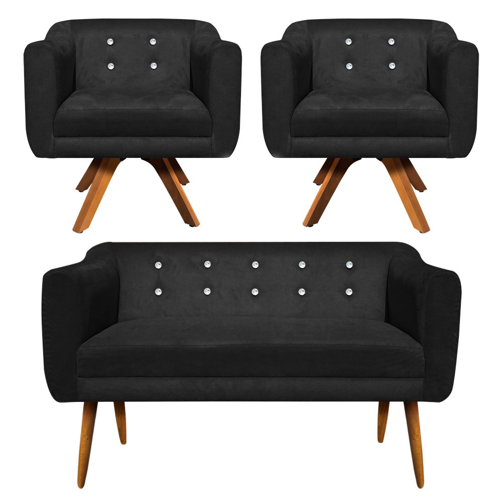 Kit Namoradeira 02 Lugares e 02 Poltronas Giratória Julia Suede Preto com Strass Base Madeira MM30 D'Rossi