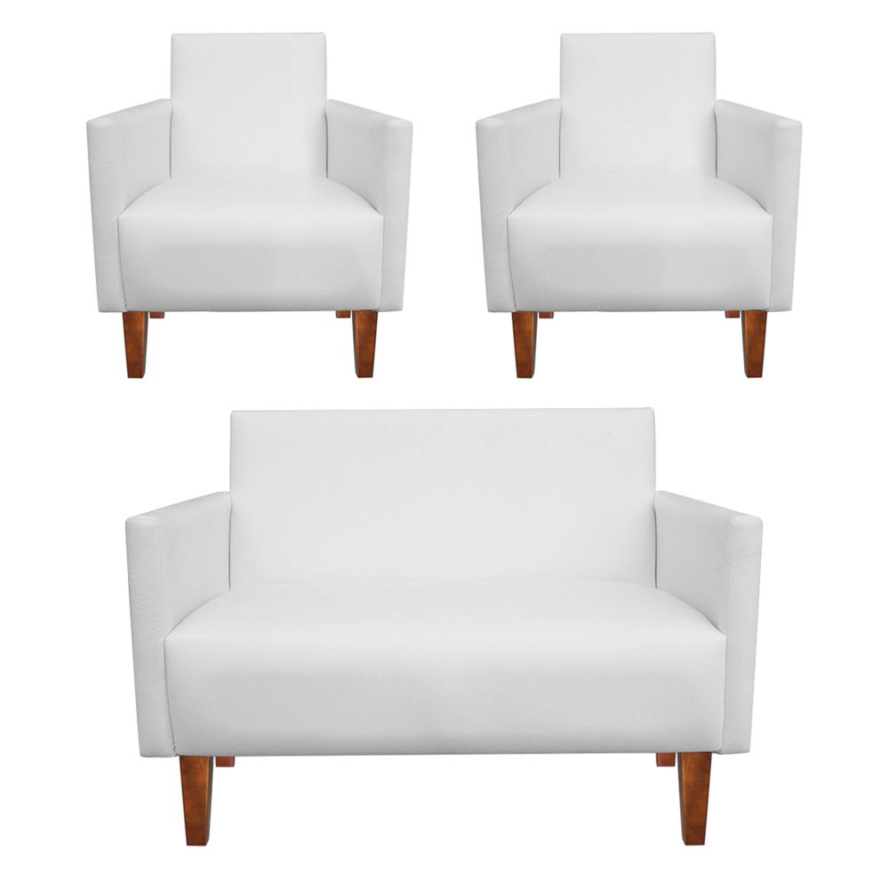 Kit Namoradeira 02 Lugares e 02 Poltronas Jade Corino Branco Pés Chanfrado Castanho - D'Rossi