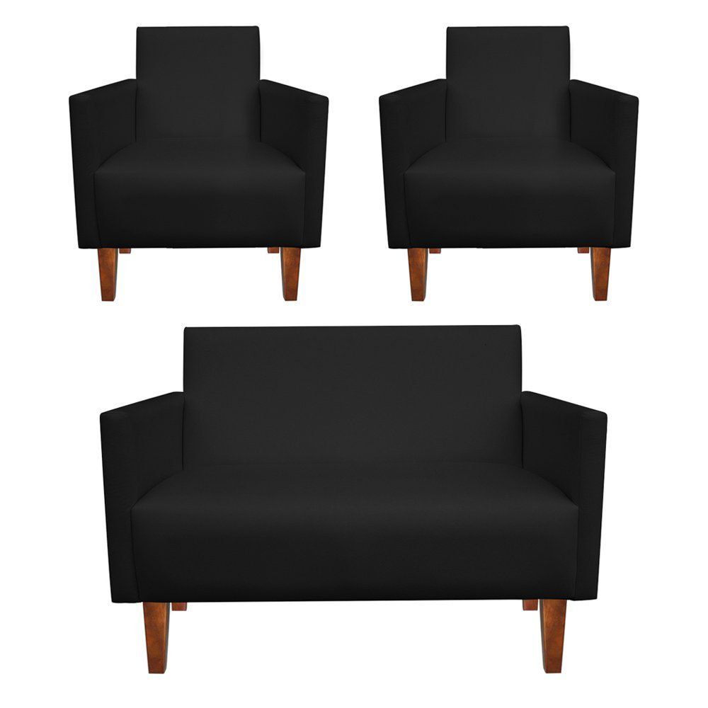 Kit Namoradeira 02 Lugares e 02 Poltronas Jade Corino Preto Pés Chanfrado Castanho - D'Rossi