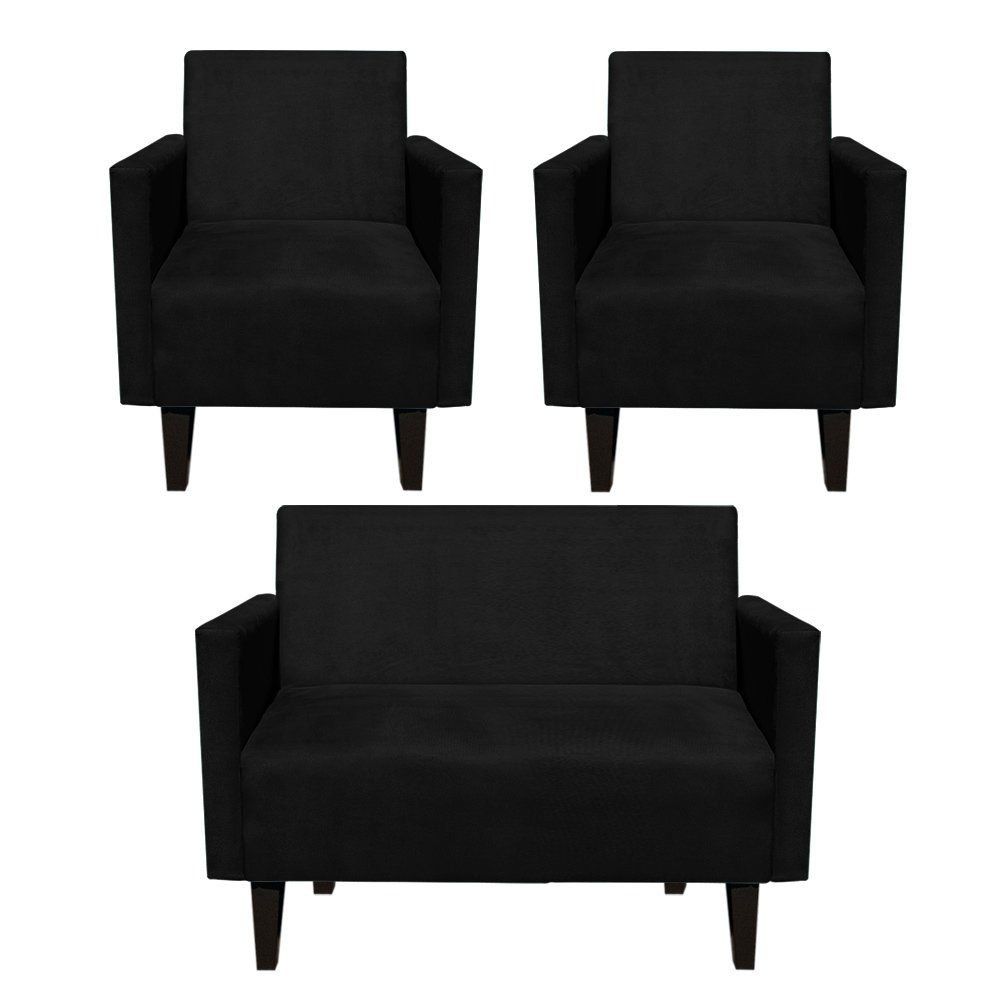 Kit Namoradeira 02 Lugares e 02 Poltronas Jade Suede Preto Pés Chanfrado Tabaco - D'Rossi
