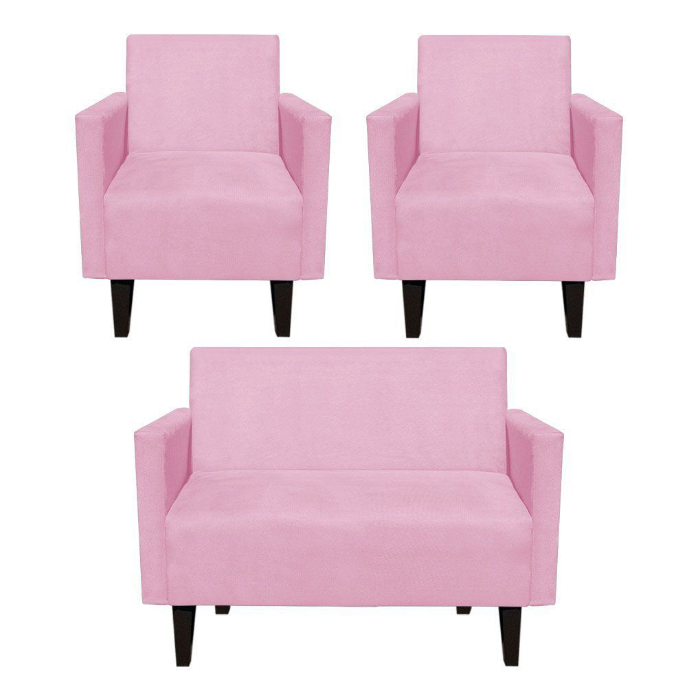 Kit Namoradeira 02 Lugares e 02 Poltronas Jade Suede Rosa Bebê Pés Chanfrado Tabaco - D'Rossi