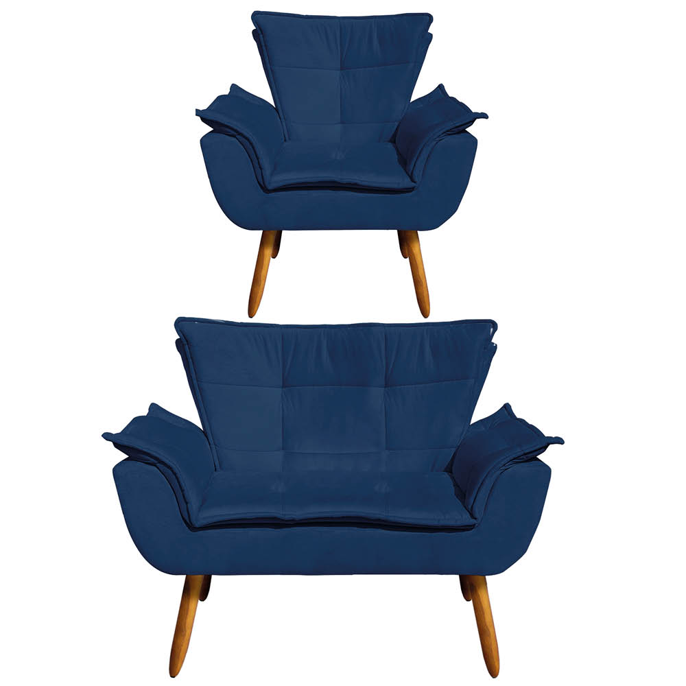 Kit Namoradeira e 01 Poltrona Opala Suede Azul Marinho Pés Palito Castanho D'Rossi