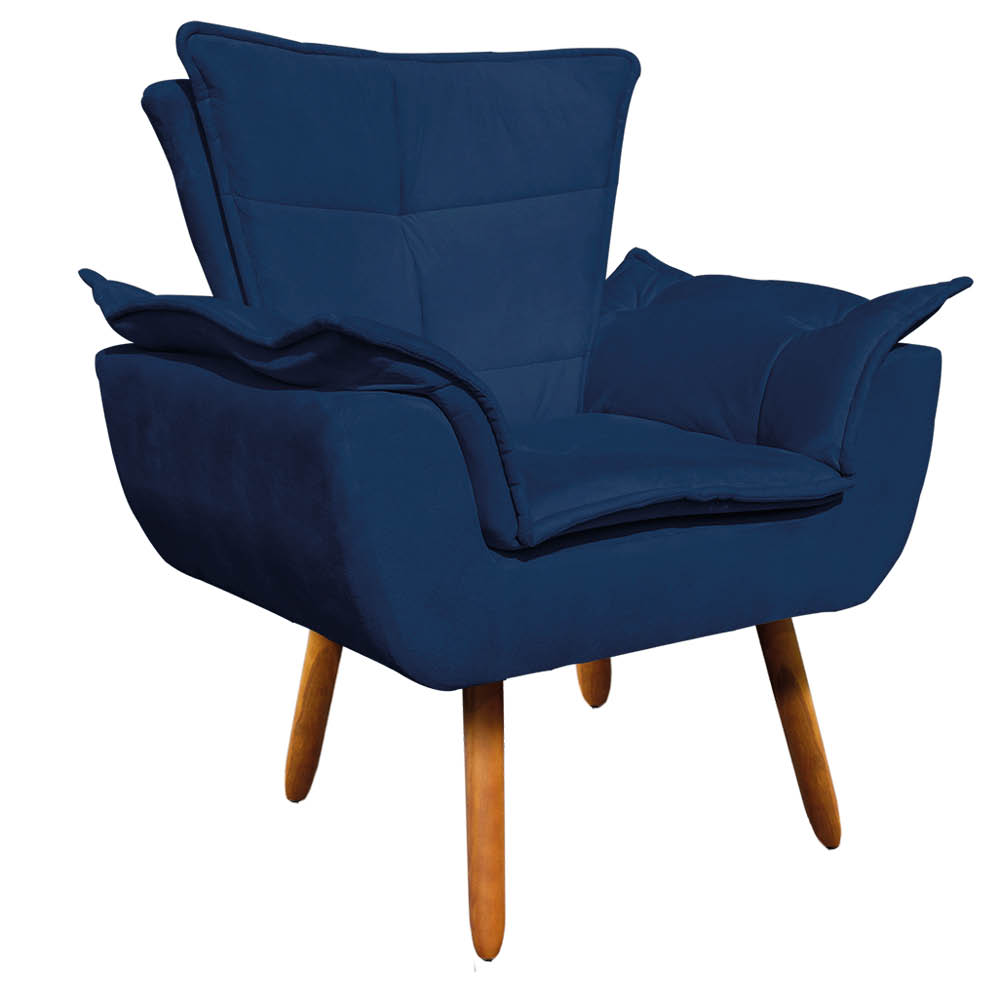 Kit Namoradeira e 01 Poltrona Opala Suede Azul Marinho Pés Palito Castanho D'Rossi