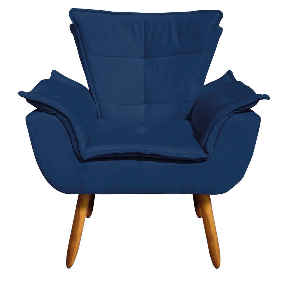 Kit Namoradeira e 01 Poltrona Opala Suede Azul Marinho Pés Palito Castanho D'Rossi