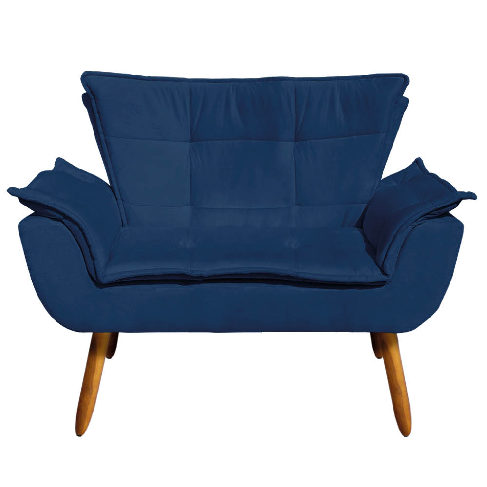 Kit Namoradeira e 01 Poltrona Opala Suede Azul Marinho Pés Palito Castanho D'Rossi