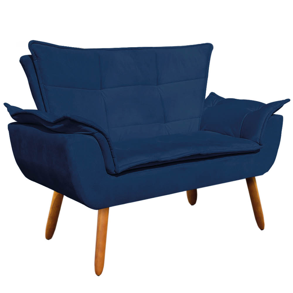 Kit Namoradeira e 01 Poltrona Opala Suede Azul Marinho Pés Palito Castanho D'Rossi