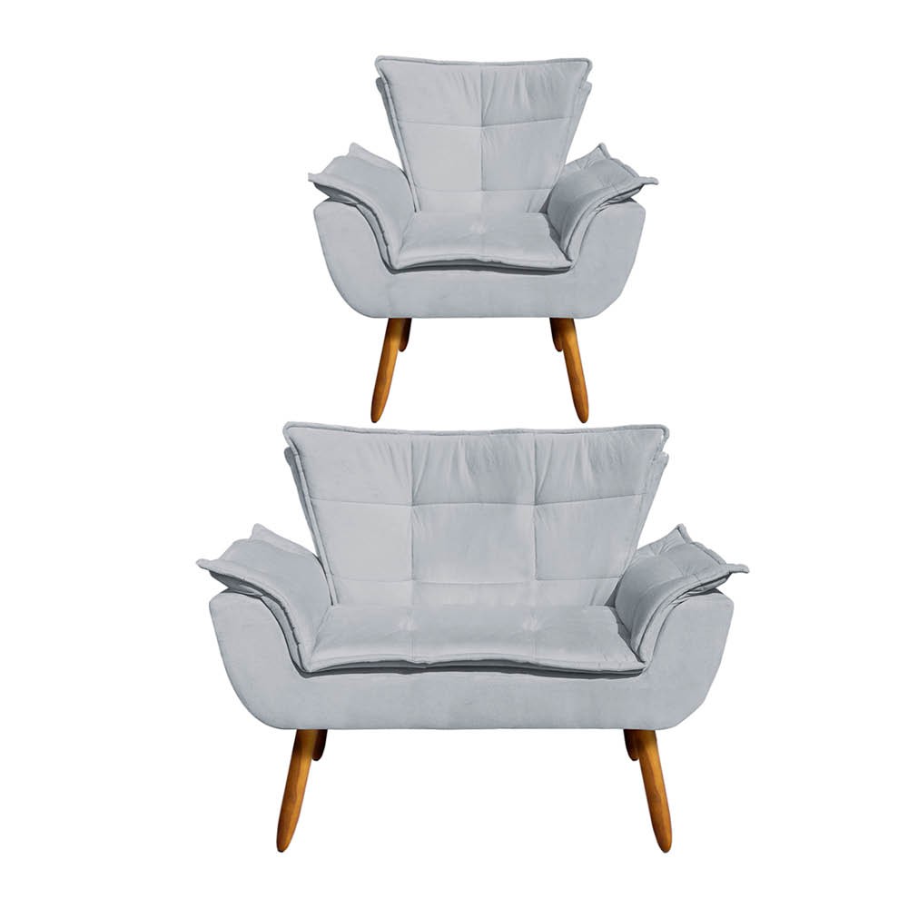 Kit Namoradeira e 01 Poltrona Opala Suede Cinza Pés Palito Castanho D'Rossi