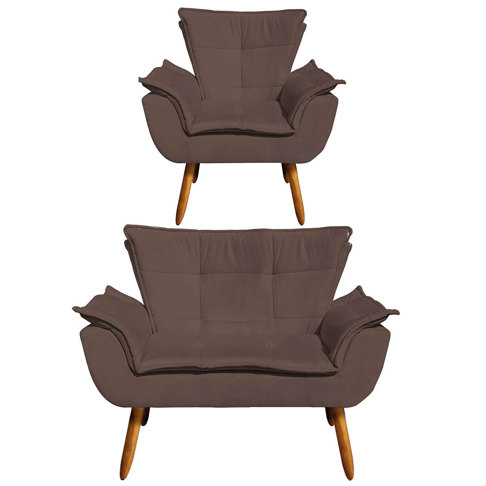 Kit Namoradeira e 01 Poltrona Opala Suede Marrom Pés Palito Castanho D'Rossi
