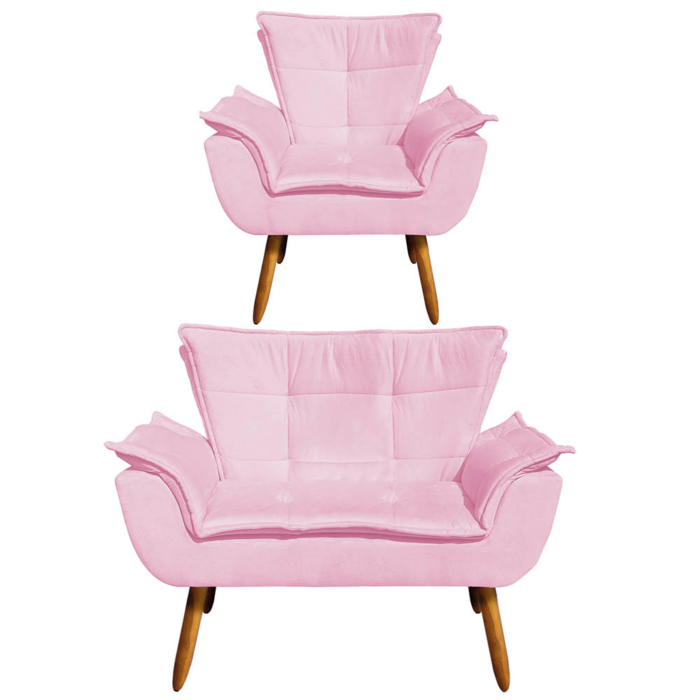 Kit Namoradeira e 01 Poltrona Opala Suede Rosa Bebê Pés Palito Castanho D'Rossi