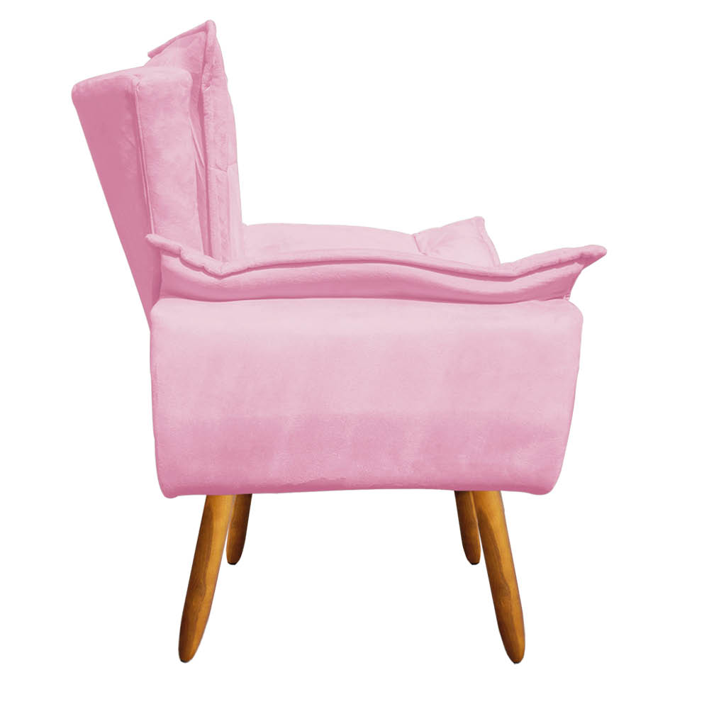 Kit Namoradeira e 01 Poltrona Opala Suede Rosa Bebê Pés Palito Castanho D'Rossi