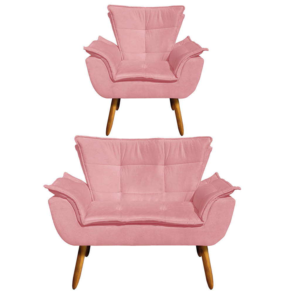 Kit Namoradeira e 01 Poltrona Opala Suede Rose Pés Palito Castanho D'Rossi