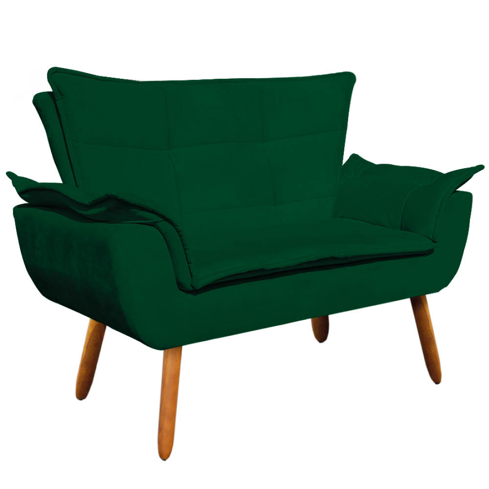 Kit Namoradeira e 01 Poltrona Opala Suede Verde Pés Palito Castanho D'Rossi