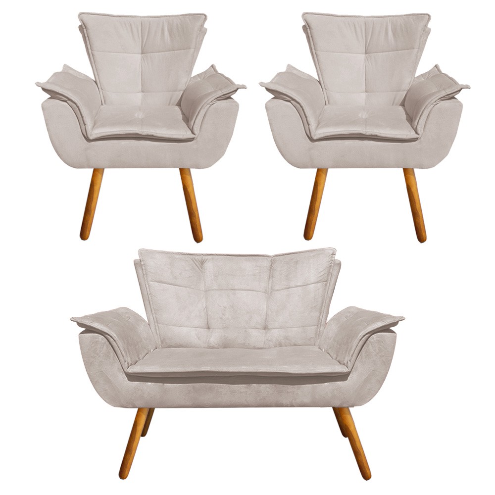 Kit Namoradeira e 02 Poltronas Opala Suede Bege Pés Palito Castanho D'Rossi