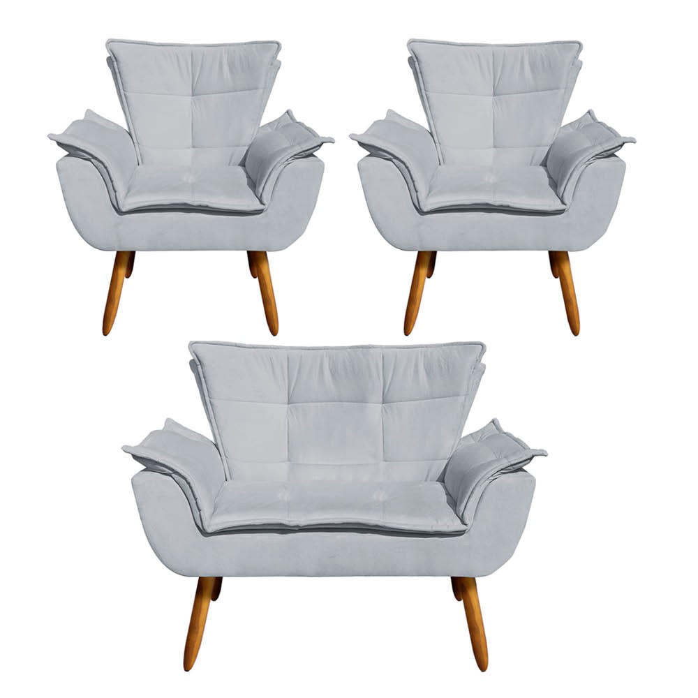 Kit Namoradeira e 02 Poltronas Opala Suede Cinza Pés Palito Castanho D'Rossi